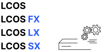 Graphic of a LANCOM product with gears and the lettering of LCOS, LCOS FX, LCOS LX, and LCOS SX
