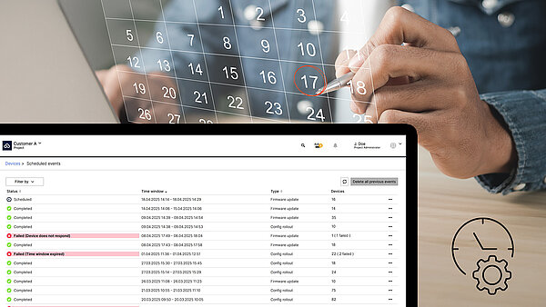 Visual with screenshot of LMC interface and person making a calendar appointment